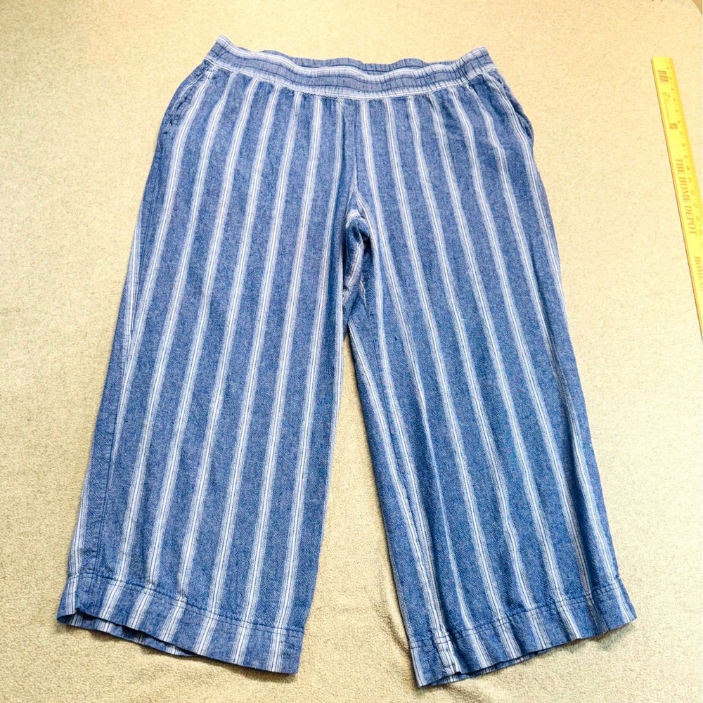 Old Navy XL Blue White Stripe Linen‎ Blend Wide Leg Crop Pants High Rise Pull On